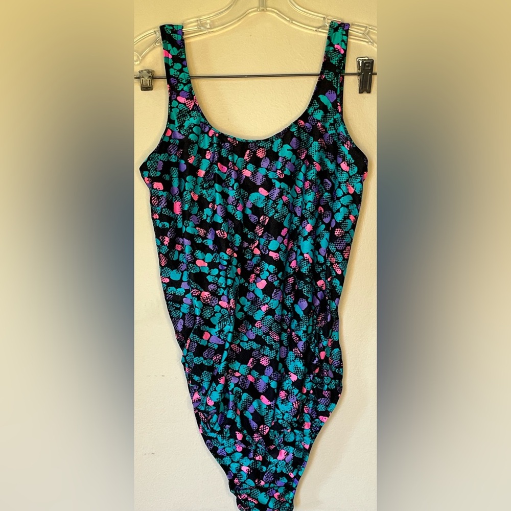 Vintage Precious Cargo Girls One-Piece Swimsuit Pink/Purple/Teal on Black